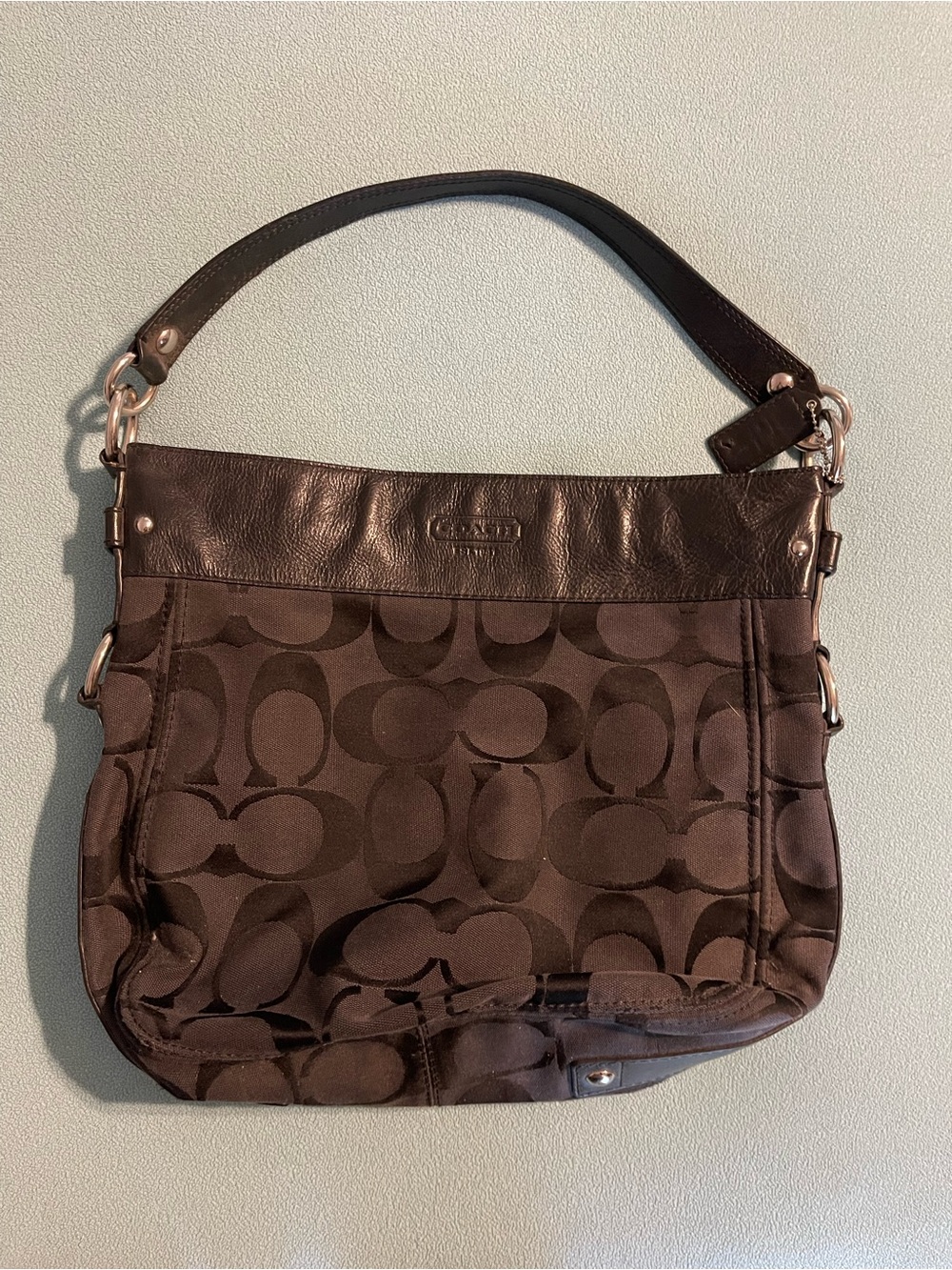 Coach Black Signature Canvas Shoulder Bag with Leather Trim